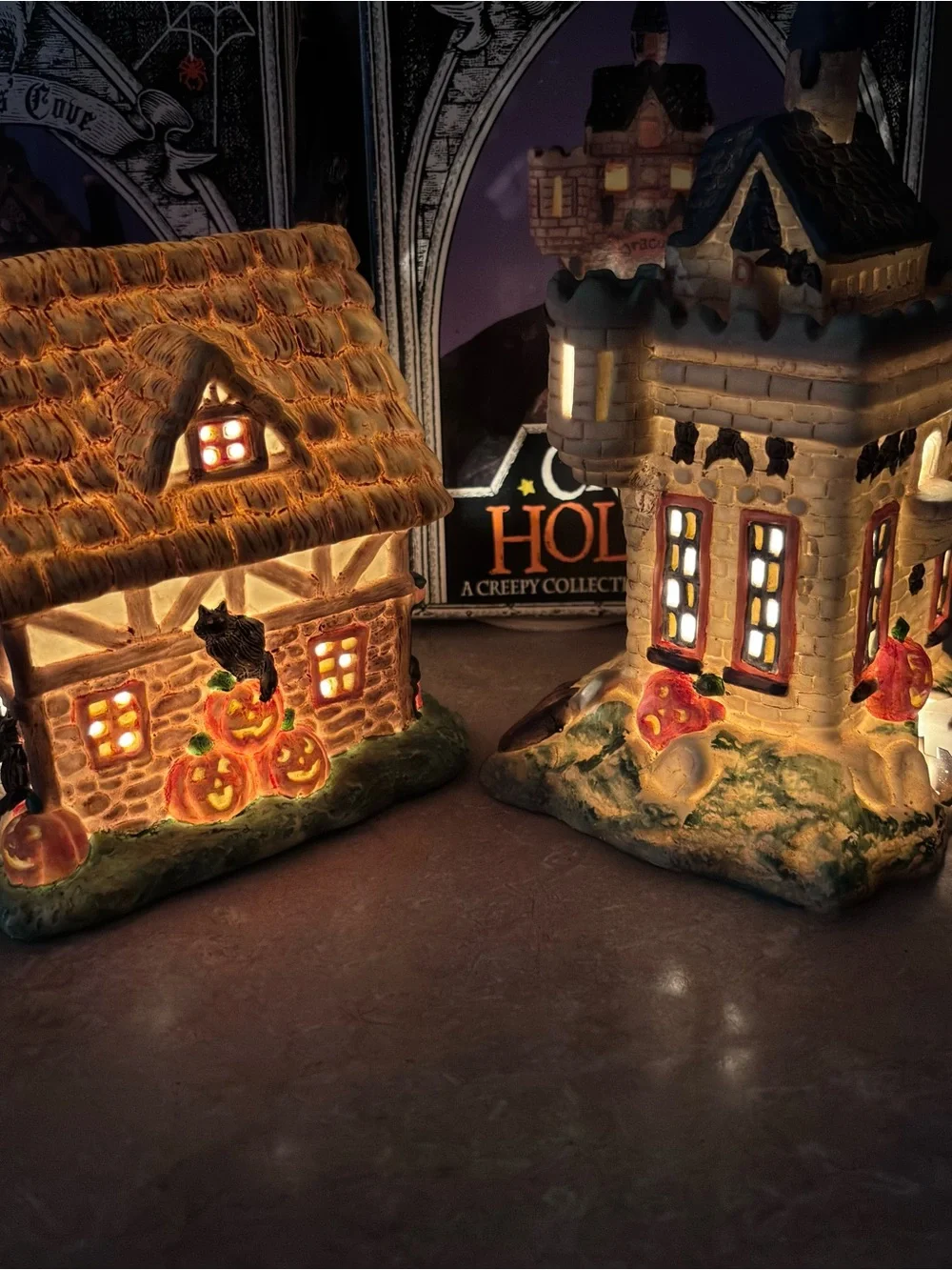 2-VTG Creepy Hollow Witches Cove&Draculas Castle Lighted Halloween House Midwest